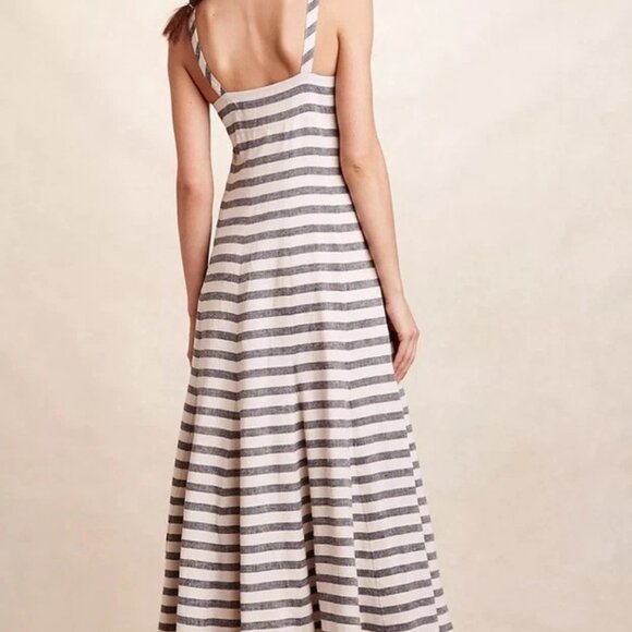 MAEVE ANTHROPOLOGIE | Linen Blend Striped Button Maxi Or Midi Dress Nautical 12P - Picture 2 of 16